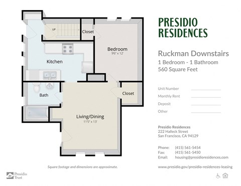 A floor plan for a Presidio Residences unit with one bedroom and one bathroom.